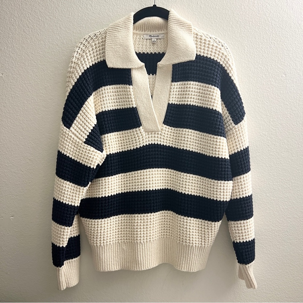 Madewell | Waffle-Knit Henley Sweater Stripe Navy Cream - Size M - Picture 8 of 13